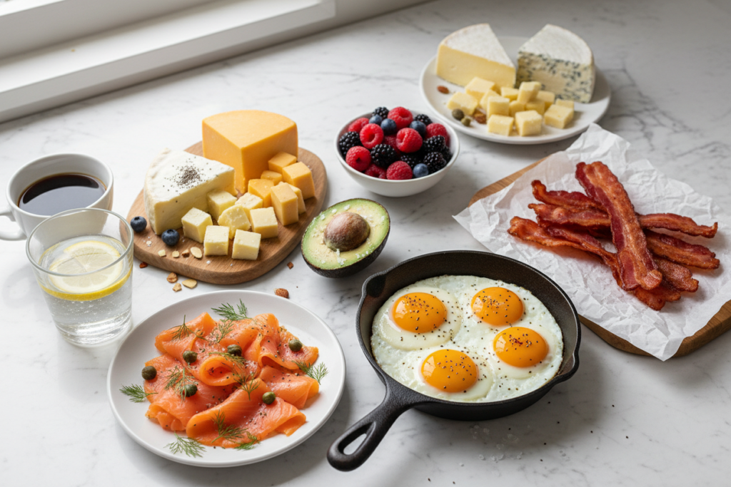 variety of keto breakfast options including eggs, avocado, and bacon