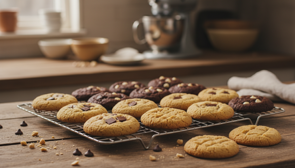 variety of keto cookies on cooling rack including chocolate chip and peanut butter