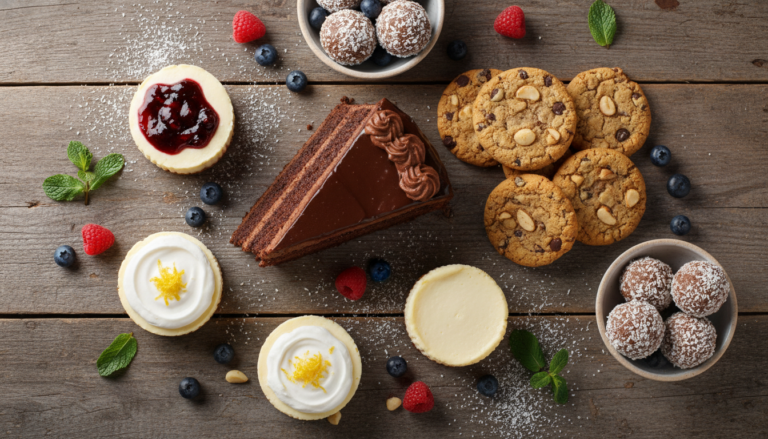 variety of keto desserts including chocolate cake, cheesecake, and cookies on a wooden table