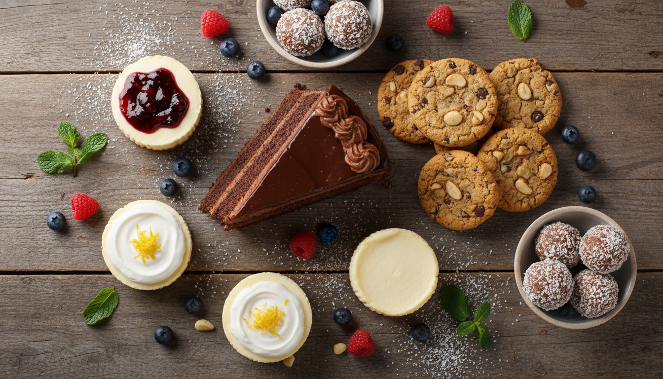 variety of keto desserts including chocolate cake, cheesecake, and cookies on a wooden table