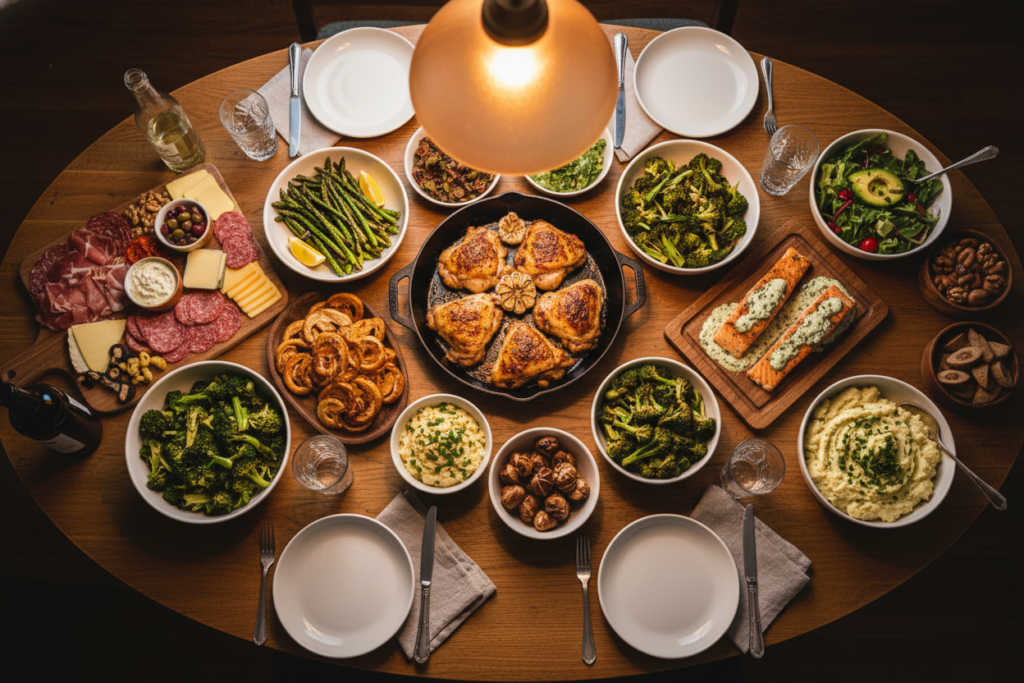 variety of keto dinner dishes on dining table variety of keto dinner dishes on dining table