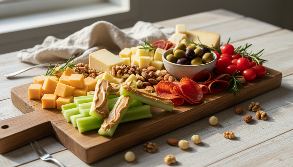 variety of keto snacks including cheese, nuts, and vegetables