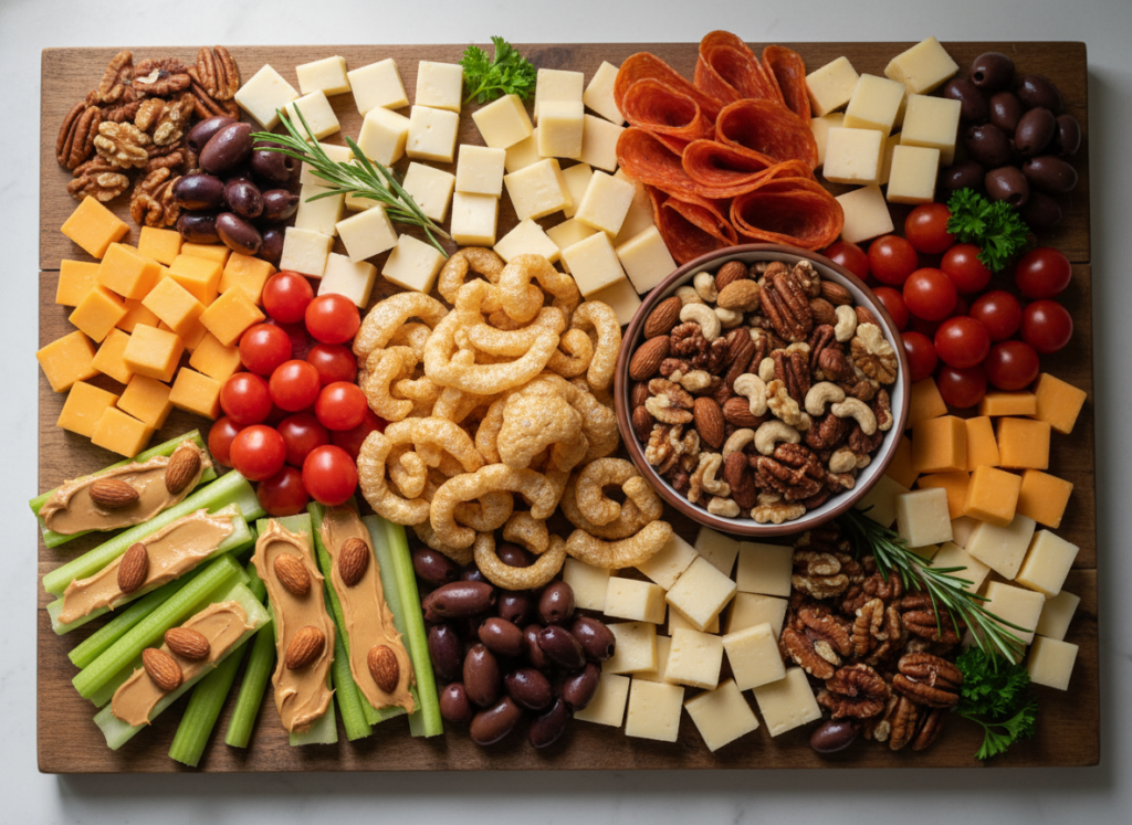 variety of keto snacks including cheese, nuts, and vegetables