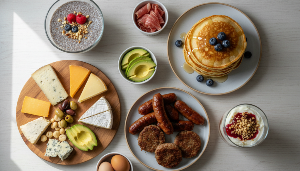 variety of non-egg keto breakfast options on table