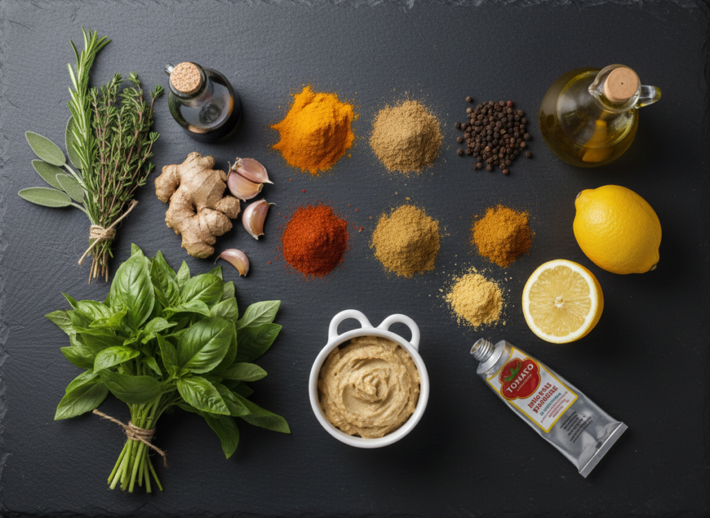 variety of spices, herbs, and flavor-building ingredients arranged artistically