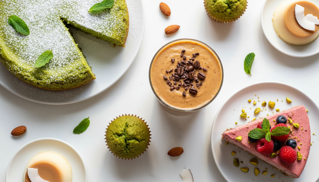 various keto dessert flavors including matcha, coffee, and berry options