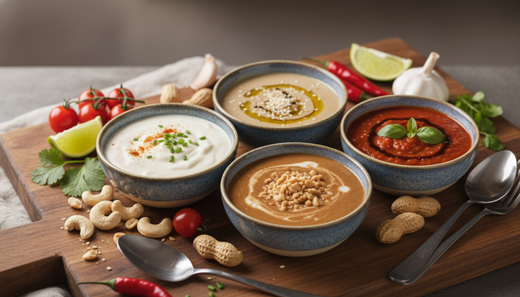 various vegan sauces in bowls various vegan sauces in bowls