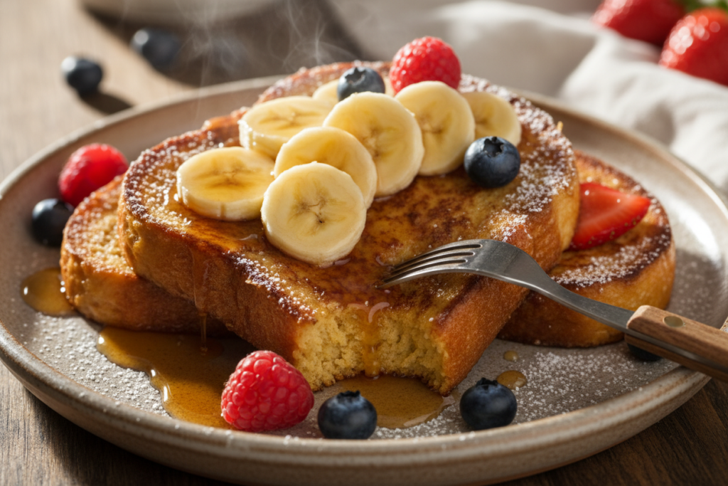 vegan french toast garnished with powdered sugar sliced banana and maple syrup