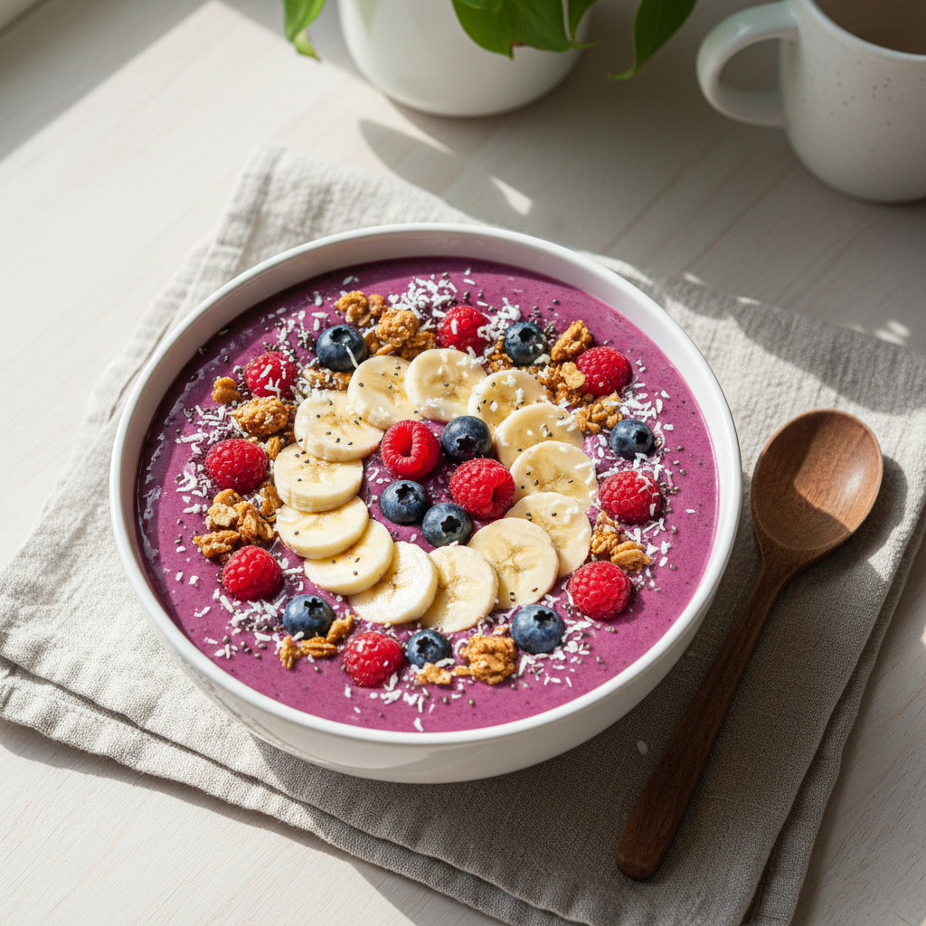 vibrant purple smoothie bowl topped with banana slices, granola, coconut flakes, and fresh berries vibrant purple smoothie bowl topped with banana slices, granola, coconut flakes, and fresh berries