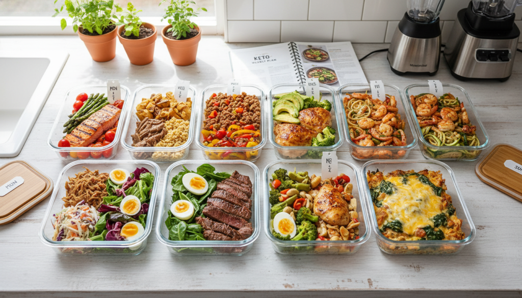 week-long keto meal plan layout with seven days of prepared meals