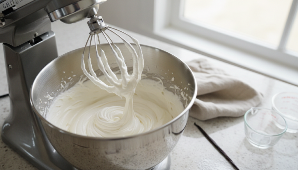 whipping cream in mixing bowl showing stiff peaks