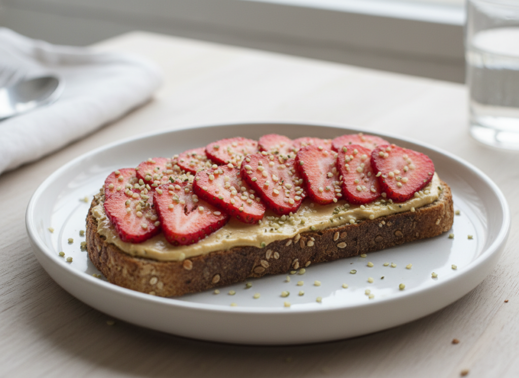 whole grain toast with sunflower seed butter and sliced strawberries whole grain toast with sunflower seed butter and sliced strawberries