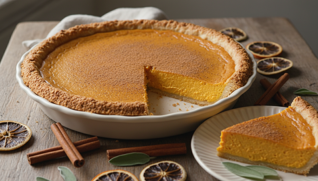 whole keto pumpkin pie with slice removed showing creamy filling