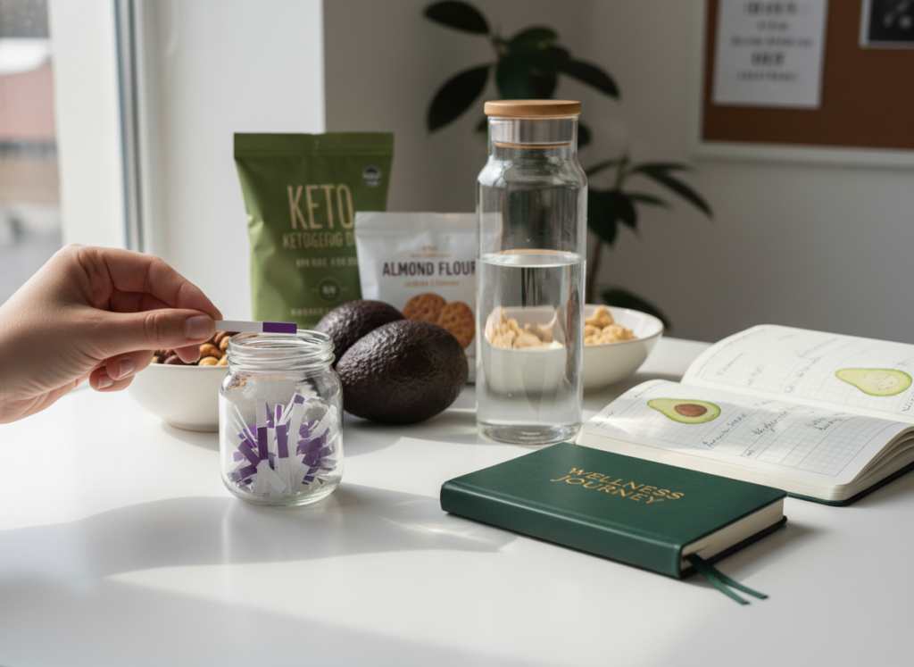 woman testing ketone levels with testing strips and keto foods