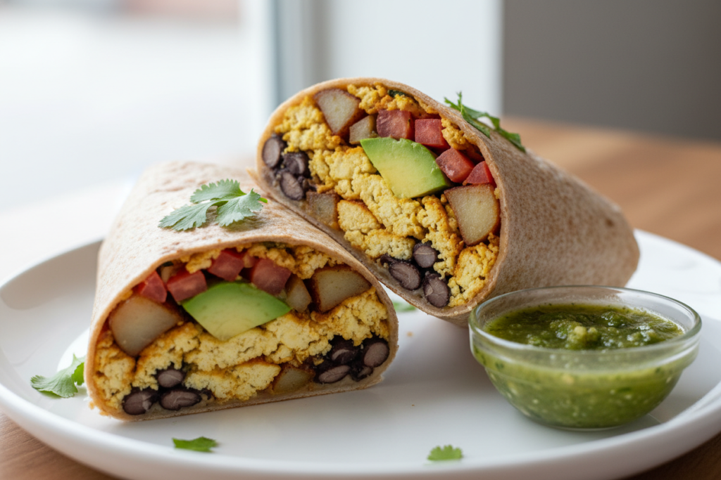 wrapped vegan breakfast burrito cut in half showing colorful filling ingredients