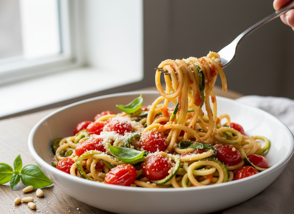 zucchini noodles with cherry tomato sauce and fresh basil