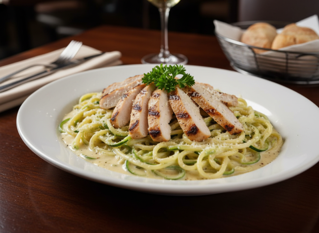 zucchini noodles with creamy alfredo sauce and grilled chicken