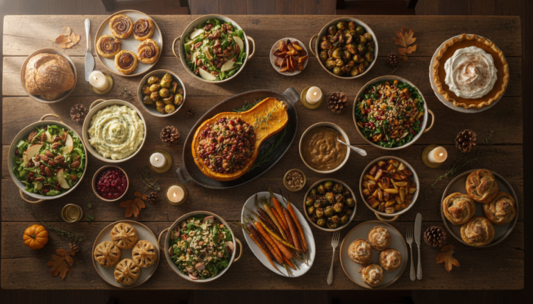 Beautiful vegan Thanksgiving dinner table spread with colorful plant-based dishes including roasted vegetables, pies and festive decorations