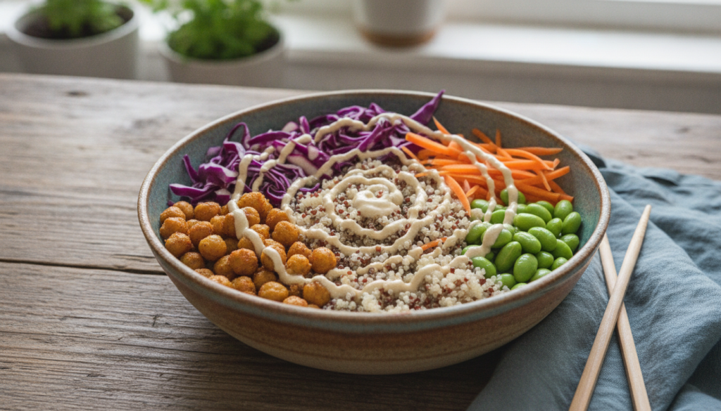 Buddha bowl with quinoa, roasted chickpeas, and colorful vegetables