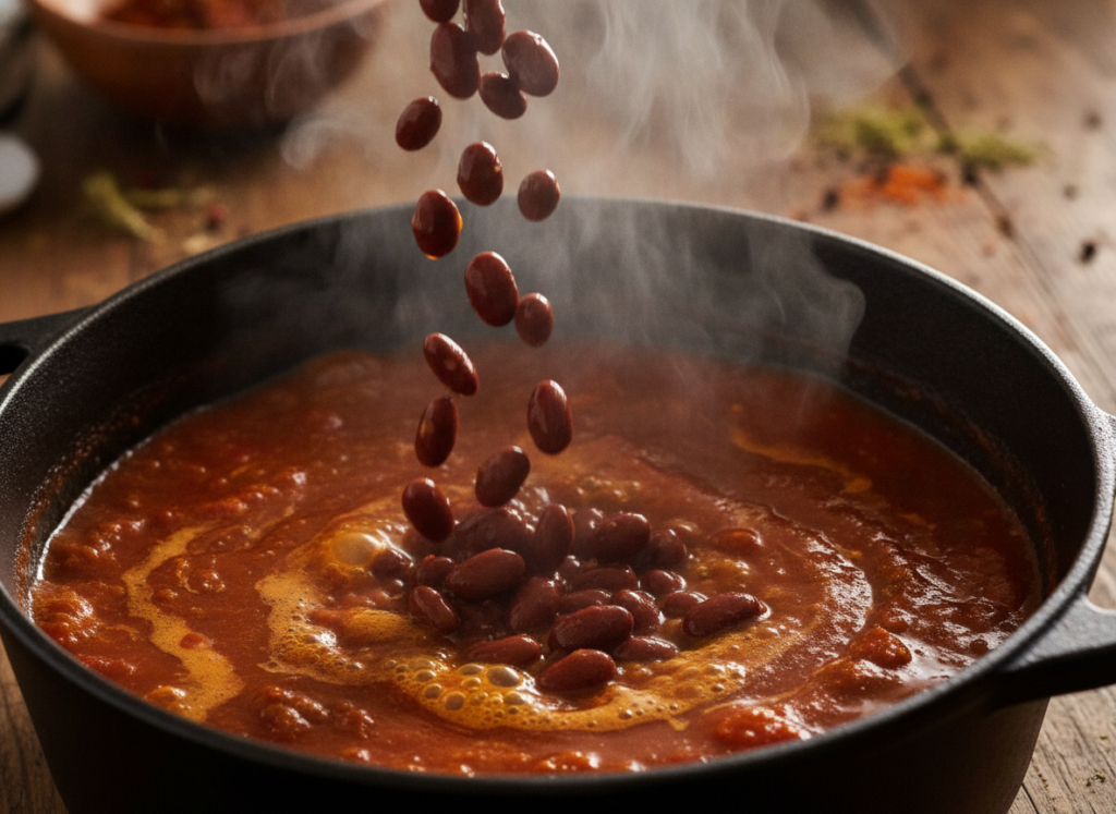 adding beans and tomatoes to vegan chili pot
