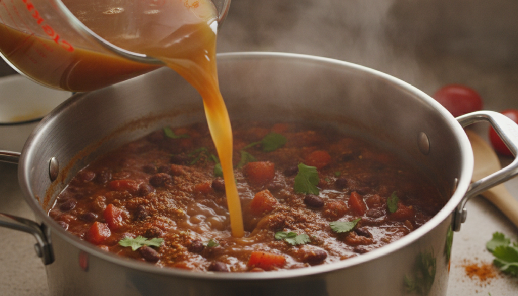 adding vegetable broth to pot of simmering chili ingredients