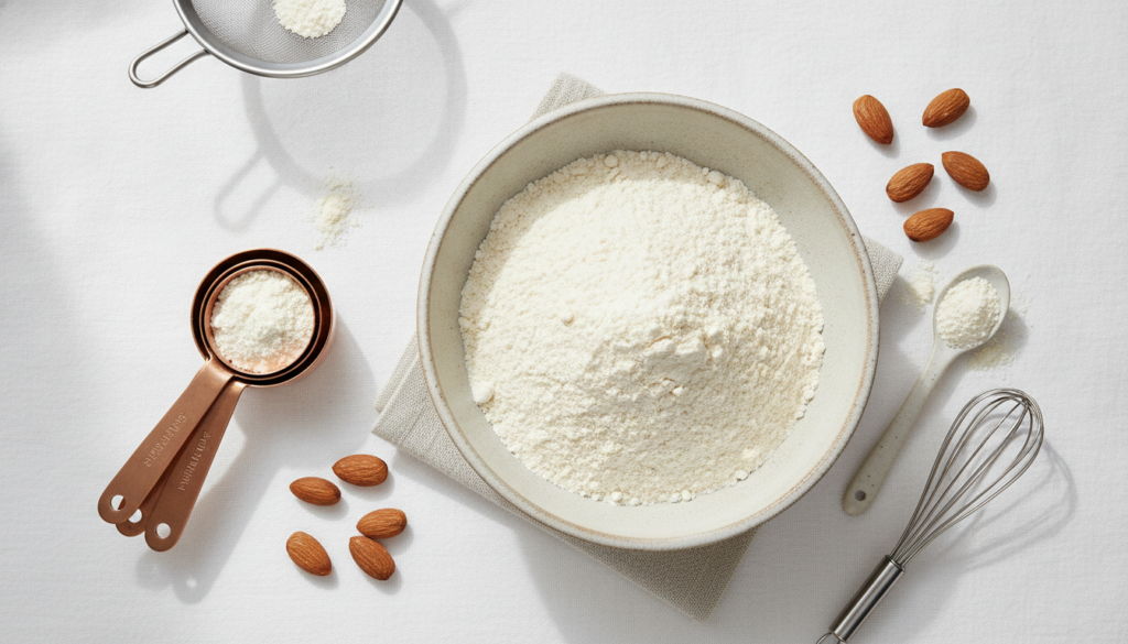 almond flour in a bowl next to whole almonds