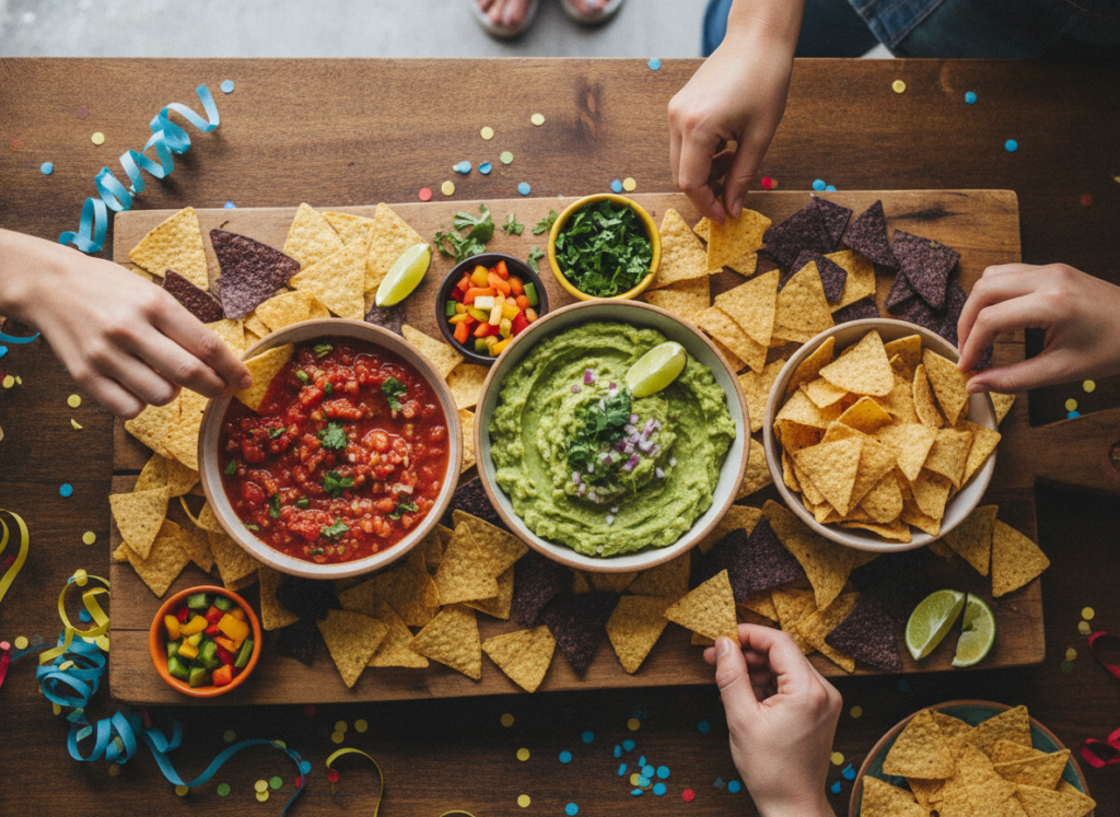 appetizer spread with guacamole salsa and chips before vegan chili meal