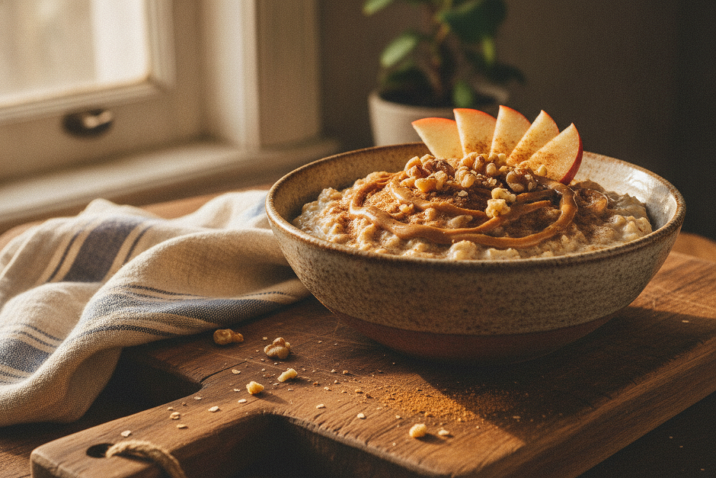 apple cinnamon overnight oats topped with fresh apple slices and walnuts