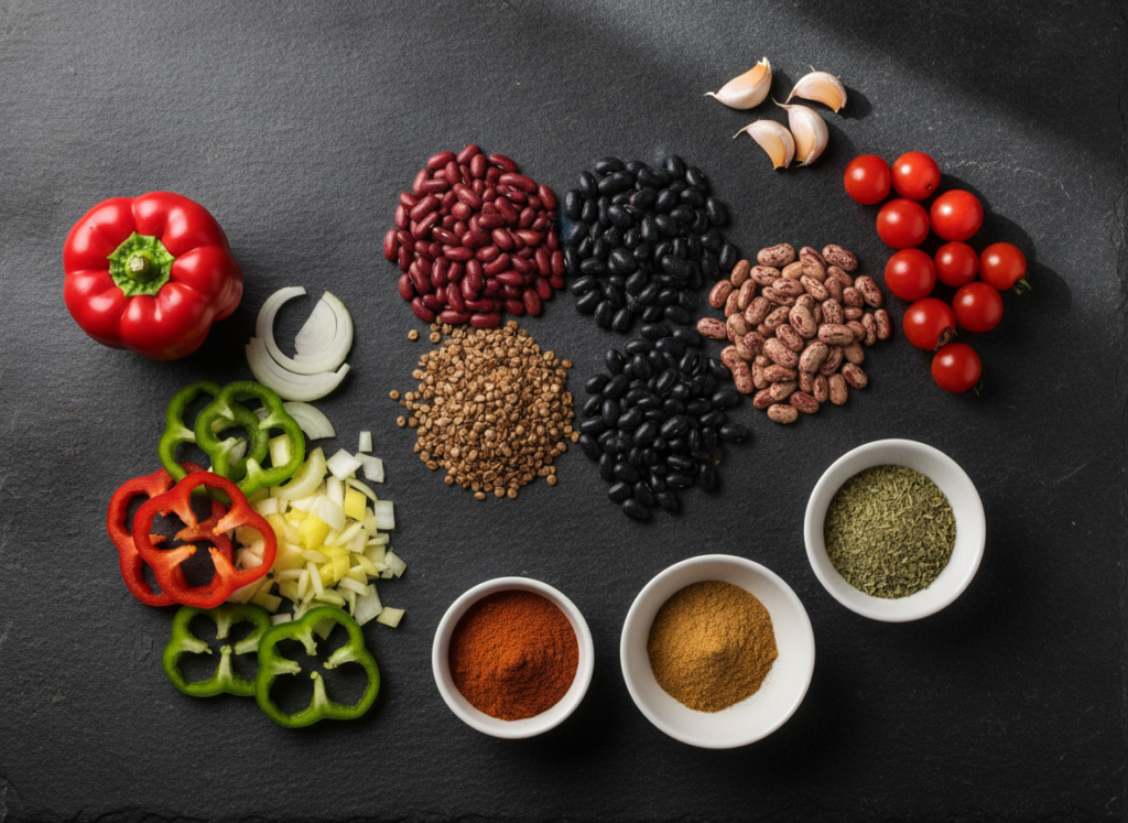 array of colorful spices and fresh ingredients for vegan chili