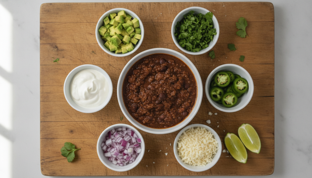 array of colorful vegan chili toppings in small bowls