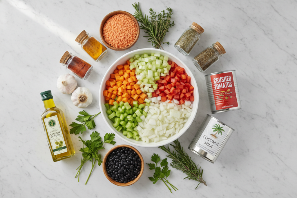 array of soup ingredients including vegetables, spices, and legumes