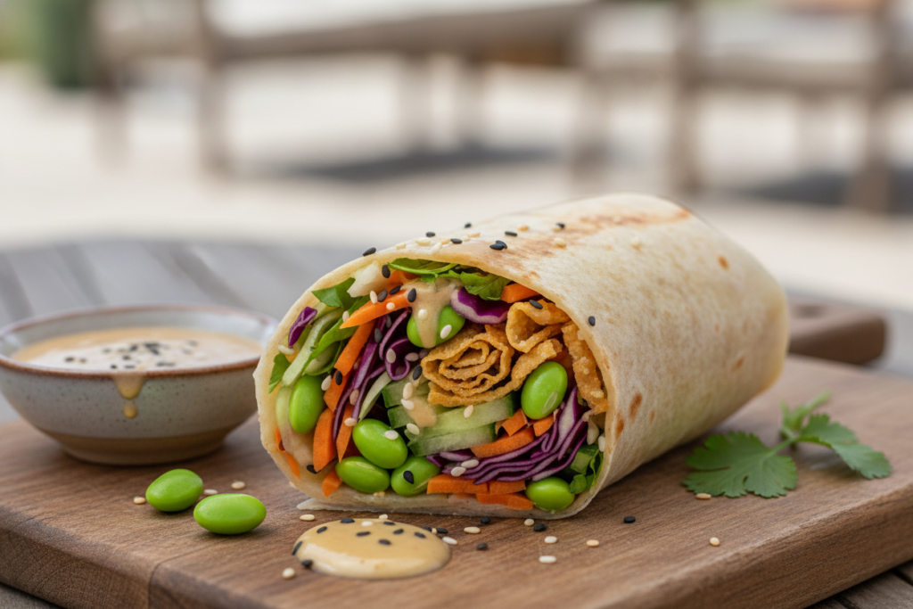 asian edamame wrap with sesame dressing