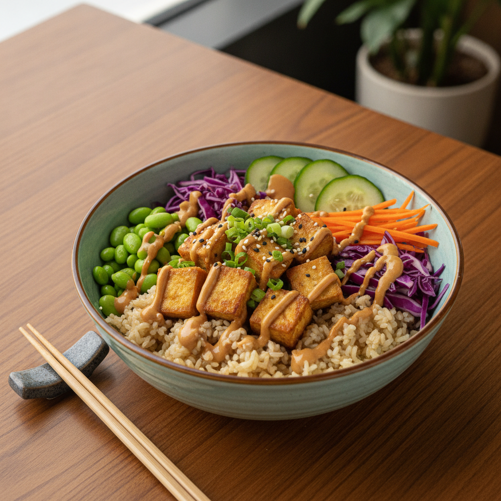 asian vegan rice bowl with tofu edamame vegetables and peanut sauce