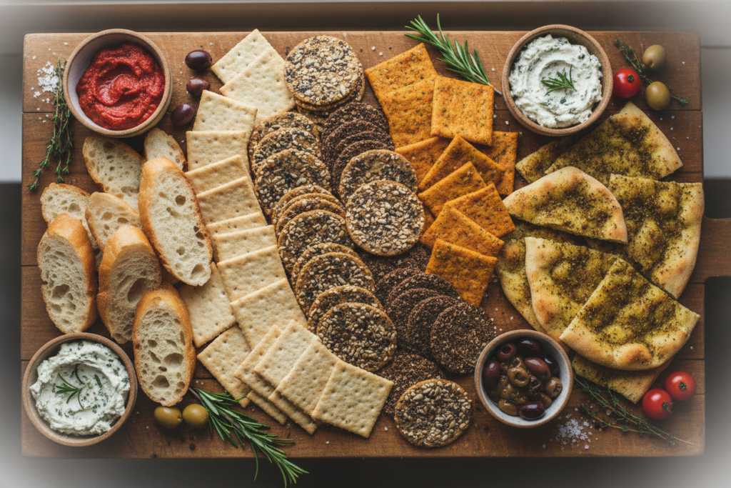assorted crackers and bread for vegan charcuterie assorted crackers and bread for vegan charcuterie