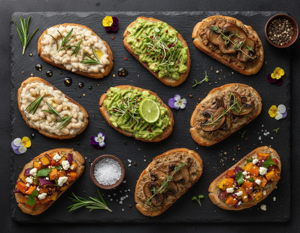 assorted crostini with different toppings on slate board assorted crostini with different toppings on slate board