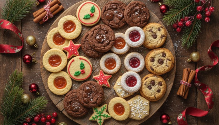 assorted vegan christmas cookies arranged on festive holiday platter with pine branches