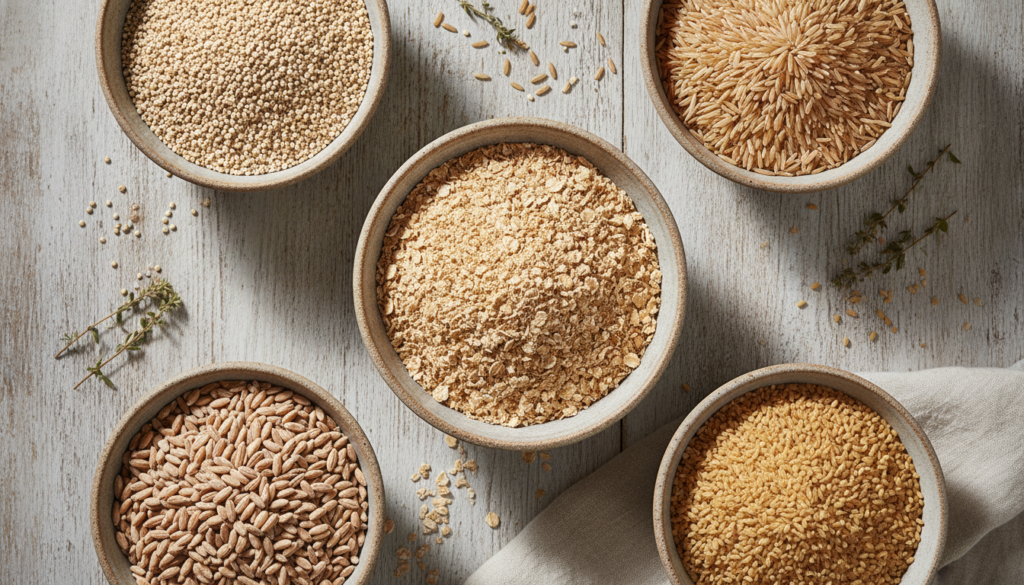 assortment of whole grains in bowls including quinoa, brown rice, oats, and farro assortment of whole grains in bowls including quinoa, brown rice, oats, and farro