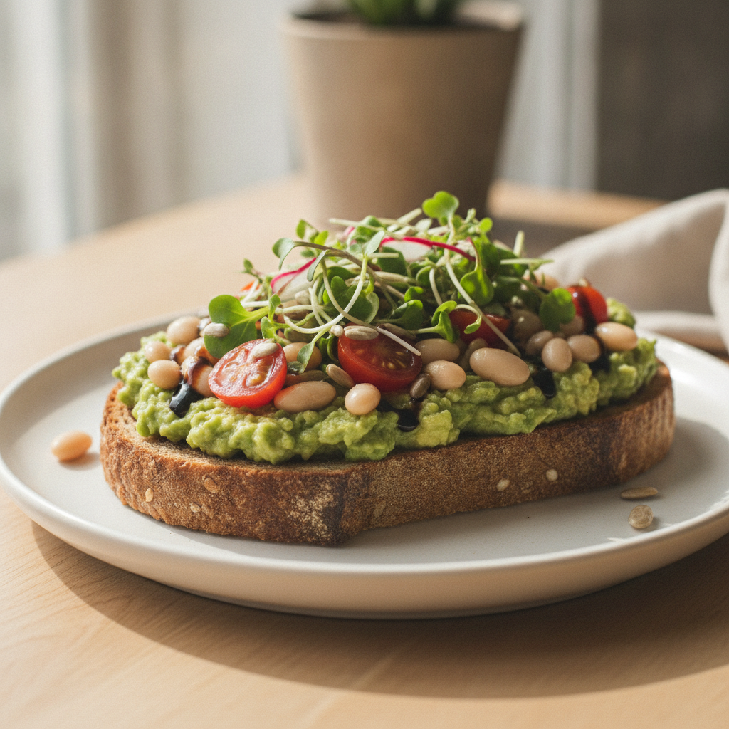 avocado toast topped with white beans tomatoes and microgreens