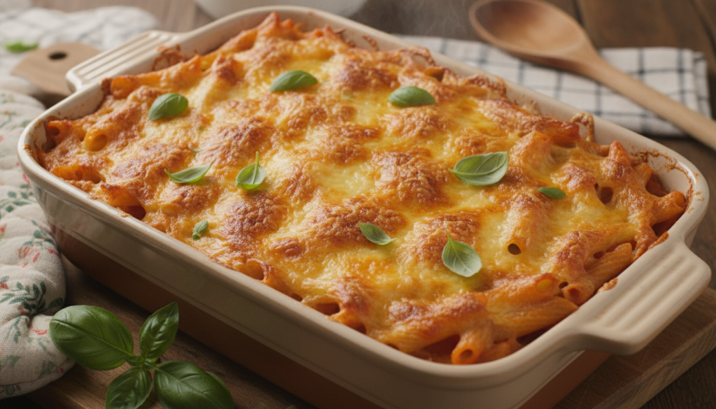 baked ziti with melted vegan cheese