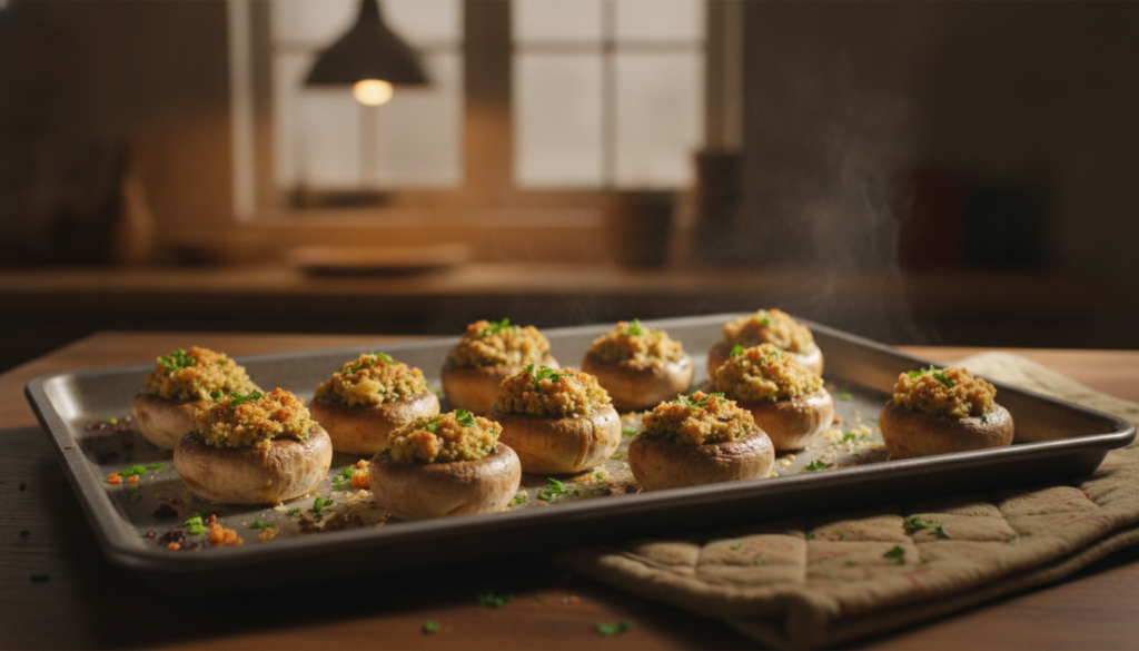 baking sheet of golden stuffed mushrooms fresh from oven baking sheet of golden stuffed mushrooms fresh from oven