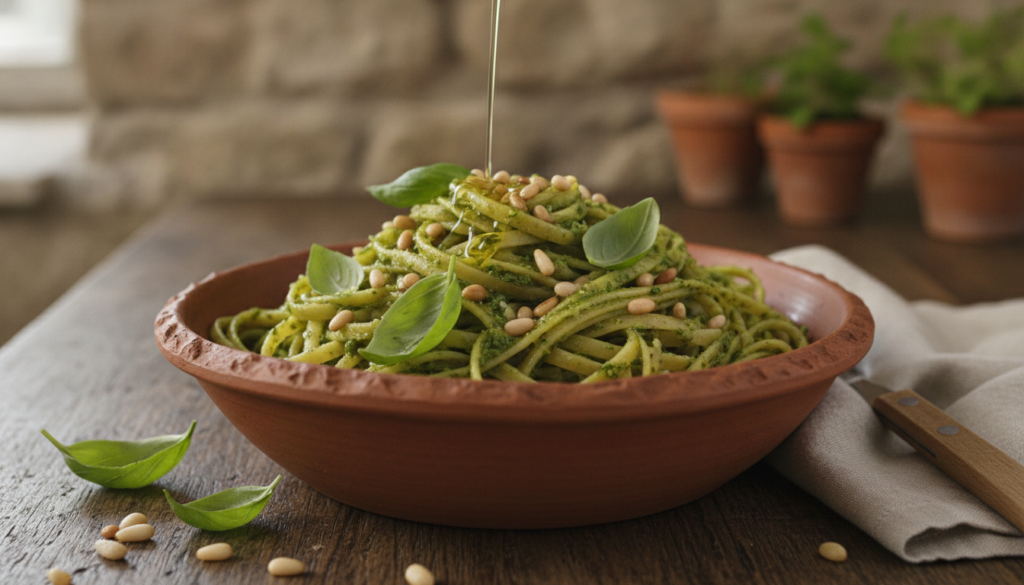 basil pesto pasta with pine nuts