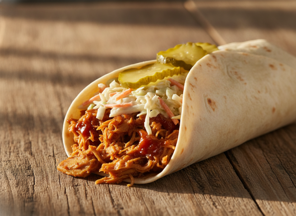 bbq jackfruit wrap with coleslaw and pickles
