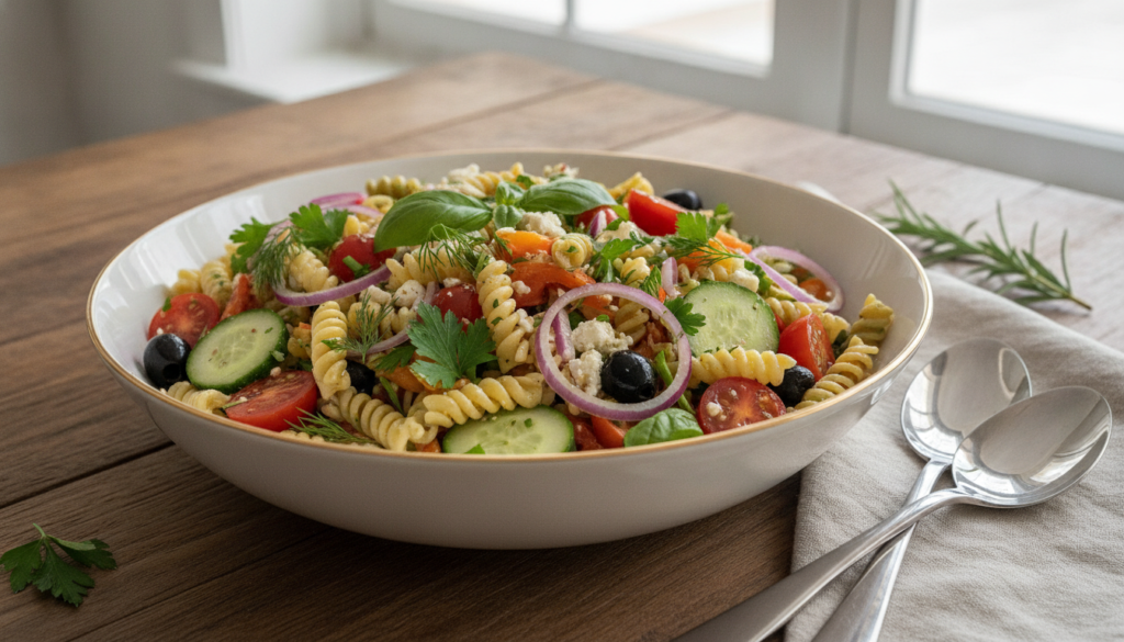beautiful finished vegan pasta salad ready to serve beautiful finished vegan pasta salad ready to serve