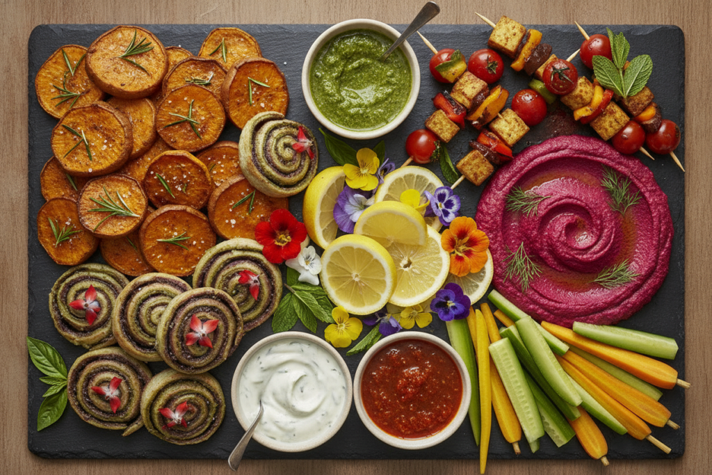 beautifully arranged vegan party food platter with garnishes beautifully arranged vegan party food platter with garnishes