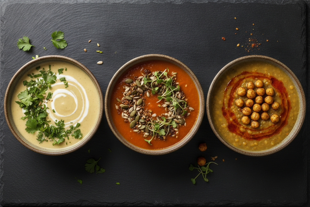 beautifully garnished soup bowls with various toppings