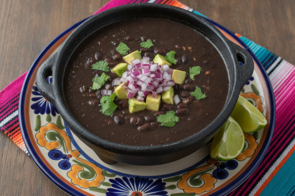 black bean soup with colorful toppings and lime wedges