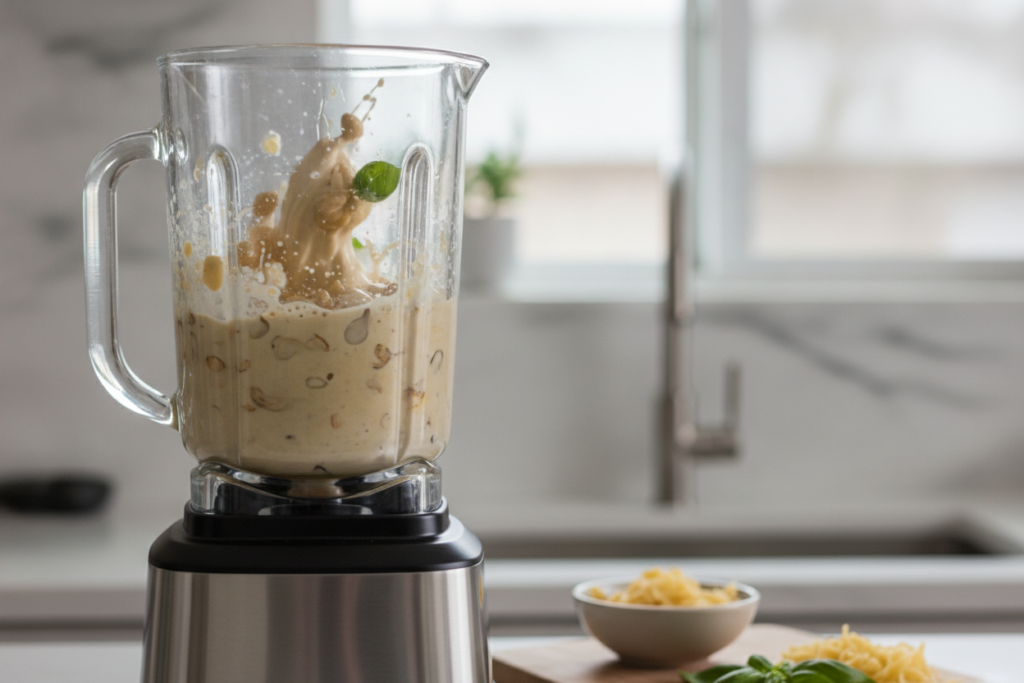 blender with creamy vegan alfredo sauce ingredients being combined blender with creamy vegan alfredo sauce ingredients being combined