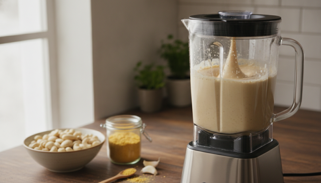 blending cashew cream sauce in high-speed blender blending cashew cream sauce in high-speed blender