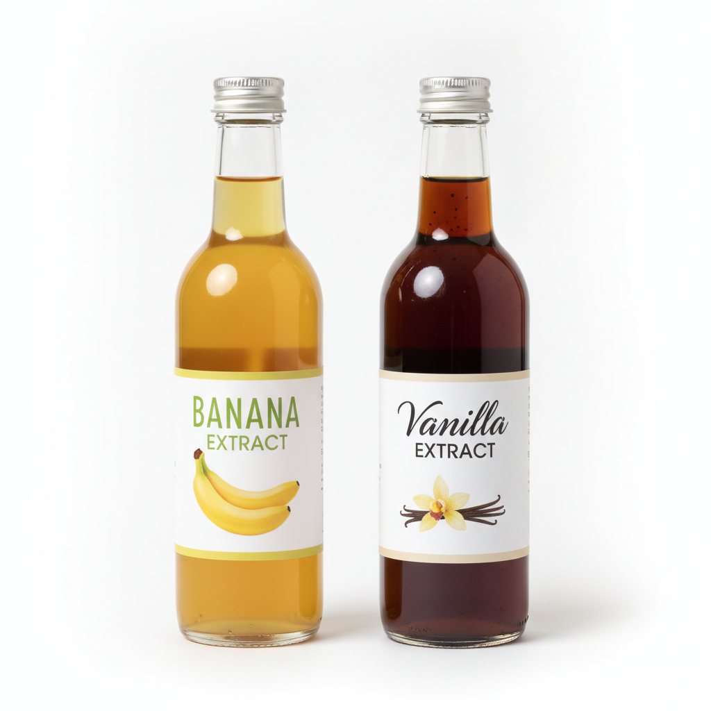 bottle of banana extract next to vanilla extract for keto baking