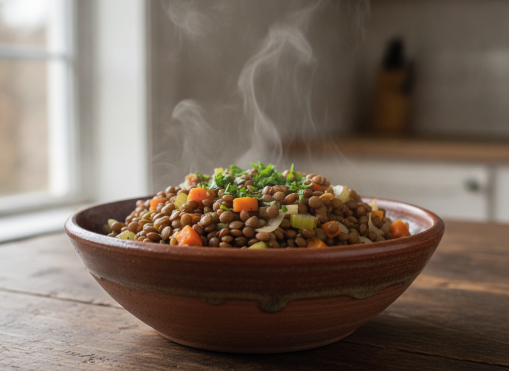 bowl of cooked lentils with vegetables bowl of cooked lentils with vegetables